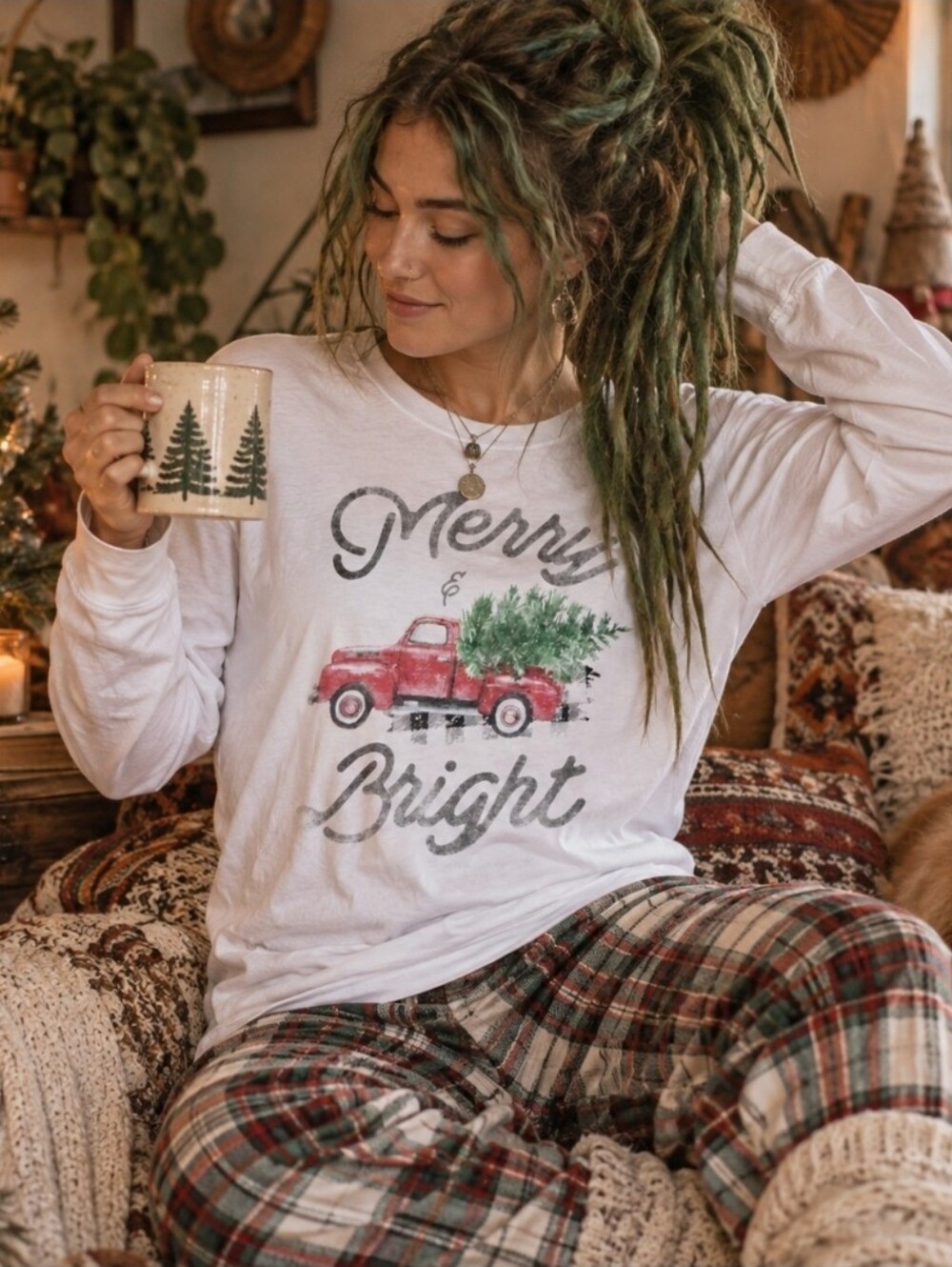 4/$15 Bella + Canvas L Merry & Bright Christmas Truck Tee | Christmascore Cottag